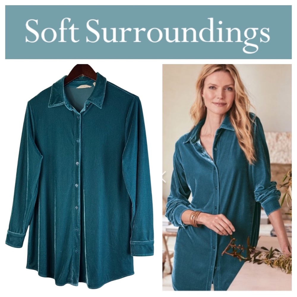 Soft Surroundings Boyfriend Velvet Tunic Top Shirt Sz Small Teal Velour